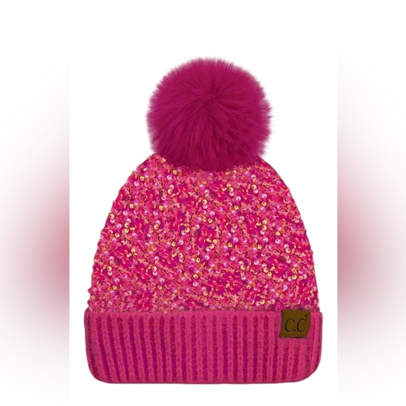 Sequin Pom-Pom Beanie  - Pink, Black, White - Picture 8 of 11